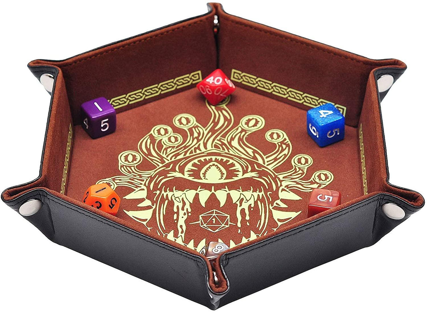 D&amp;D Dice Tray PU Leather Hexagon Dice Holder Printed with Beholder Portable and Foldable Dice Rolling Mat - NERD BEM TRAJADO