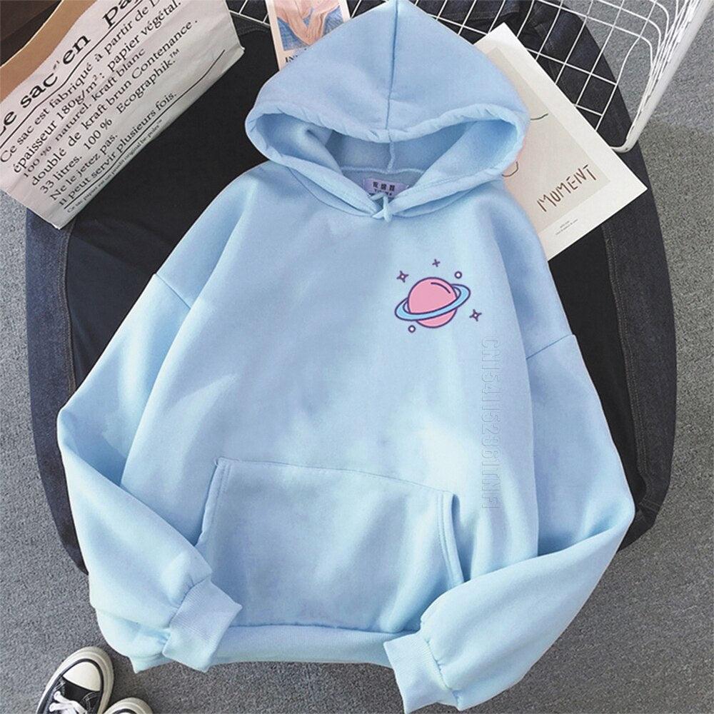 Planet Globe Print Kawaii Clothes Men Cute Pink Harajuku Streetwear Vintage Plus Size Hoodies Warm Sweatshirt - NERD BEM TRAJADO