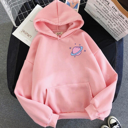 Planet Globe Print Kawaii Clothes Men Cute Pink Harajuku Streetwear Vintage Plus Size Hoodies Warm Sweatshirt - NERD BEM TRAJADO