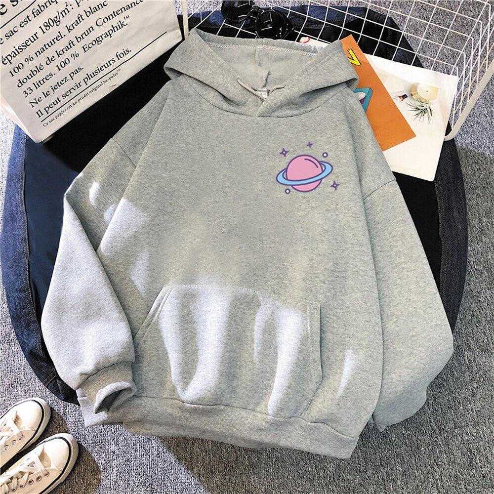 Planet Globe Print Kawaii Clothes Men Cute Pink Harajuku Streetwear Vintage Plus Size Hoodies Warm Sweatshirt - NERD BEM TRAJADO