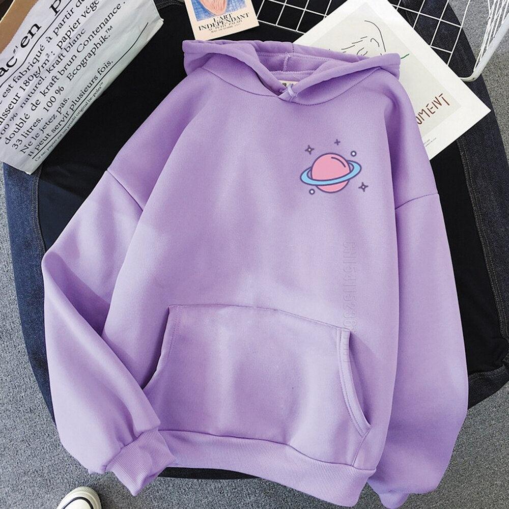 Planet Globe Print Kawaii Clothes Men Cute Pink Harajuku Streetwear Vintage Plus Size Hoodies Warm Sweatshirt - NERD BEM TRAJADO